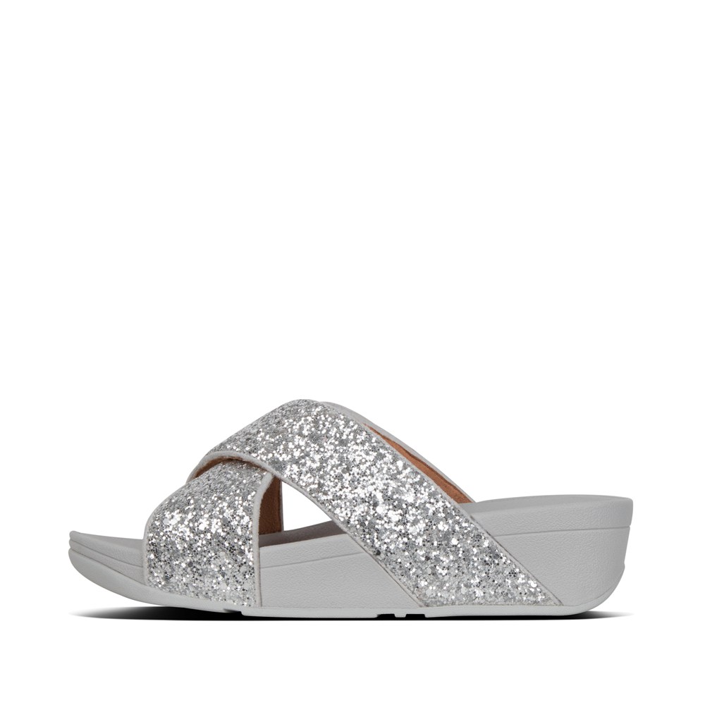 Fitflop Womens Slides Silver - Lulu Glitter Cross - QL0861572